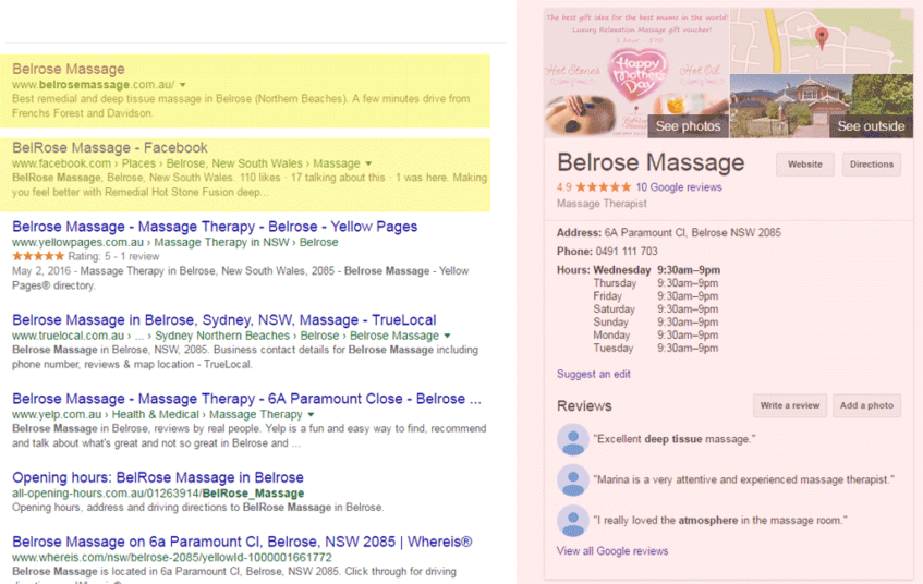 Local Search Result - here: Belrose Massage